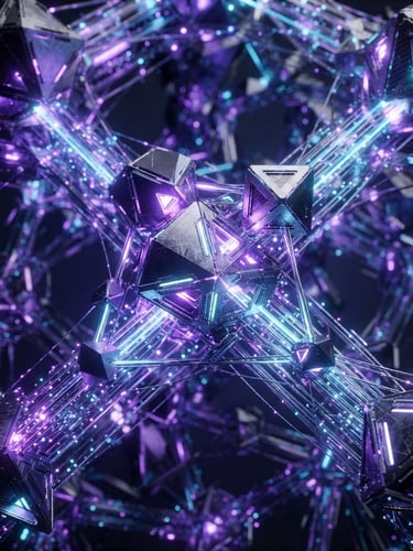Macro close-up of glowing 3D geometric nodes representing secure data flow, electric violet and cool blue ambient lighting, hyper-detailed metallic textures