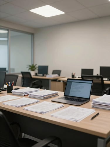 Wide shot of a clean corporate office interior, organized desk with legal documents and a laptop under cool overhead lighting, neutral tones, no people, professional and precise atmosphere