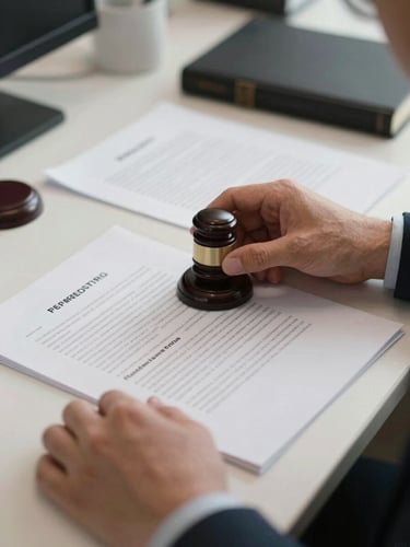Close-up of professional hands reviewing printed legal documents on an organized desk, official stamp visible, clean overhead office lighting, neutral background, precise and formal atmosphere