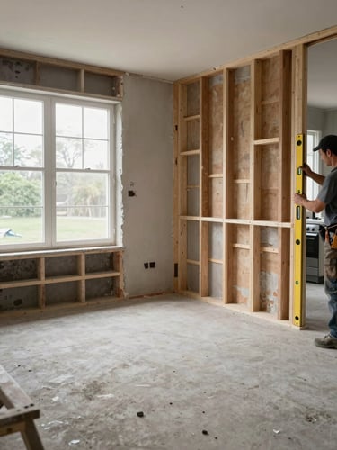Wide environmental shot of a mid-renovation kitchen gut, natural daylight from a large window on the left, exposed wall studs and rough plumbing visible, a worker's hands holding a level against a stud wall in the right foreground, neutral gray concrete subfloor, no staging or decoration