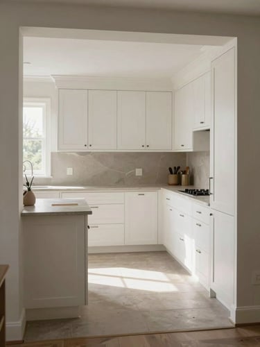 Wide environmental shot of a completed kitchen renovation in natural daylight, white shaker cabinetry with visible hardware detail, stone countertop surface, no staging or decorative objects, neutral color grading, shot from the doorway showing full room depth