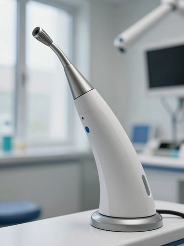 Macro detail of a high-tech 3D dental scanner wand, clean modern operatory background, soft natural window lighting, sterile clinical environment