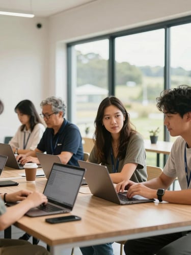 Bright environmental photography of a modern community workspace in Kaitaia, local professionals collaborating over laptops, warm natural daylight, 35mm lens.