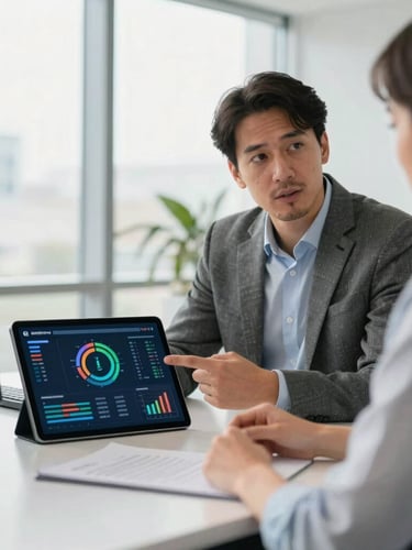 Modern office setting with energy dashboard on a tablet, a professional consultant explaining data to a client, bright natural window light, clean corporate tones, medium depth of field, professional German business setting