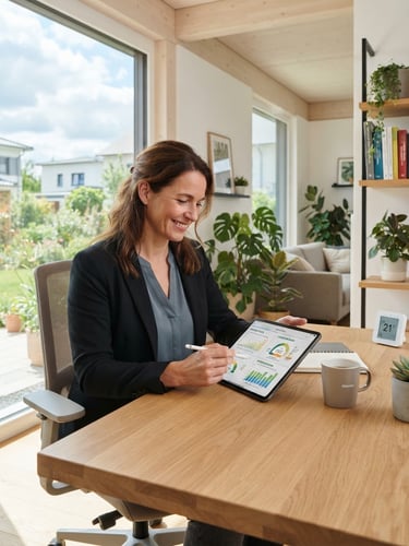 Bright, modern German home interior with natural light, a person comfortably reviewing documents on a tablet, symbolizing energy efficiency and savings. Clean corporate tones, medium depth of field.