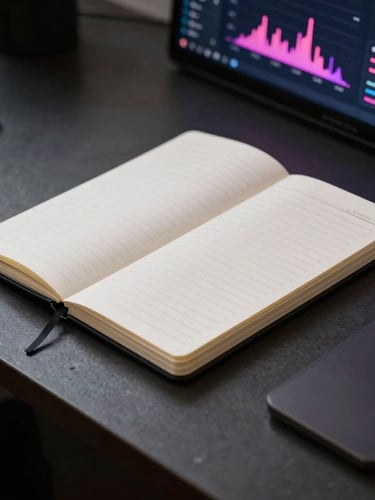 Sleek notebook mockup on a dark reflective table displaying a dark dashboard with pink and purple neon analytics charts, low angle, high contrast