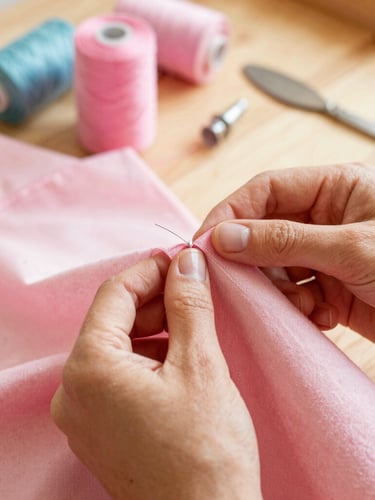 Close-up of hands carefully stitching a soft pink pet fabric in a warm, sunlit workshop, sewing tools in the background, warm editorial photography, 35mm