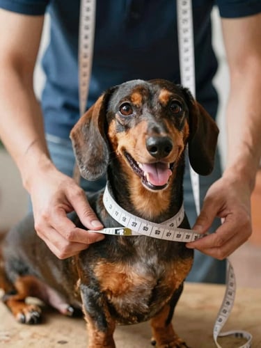 A warm editorial close-up of a tailor gently measuring a happy dachshund with a soft tape measure, warm natural daylight, cozy Mexican home setting, 35mm