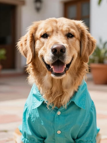 Close-up eye-level portrait of a happy golden retriever wearing a vibrant turquoise cotton shirt, sitting in a sunlit Mexican patio, warm editorial photography, 35mm