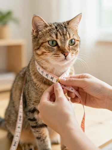 Close-up of hands gently measuring a cat's chest with a soft tape measure, warm natural light, cozy home setting