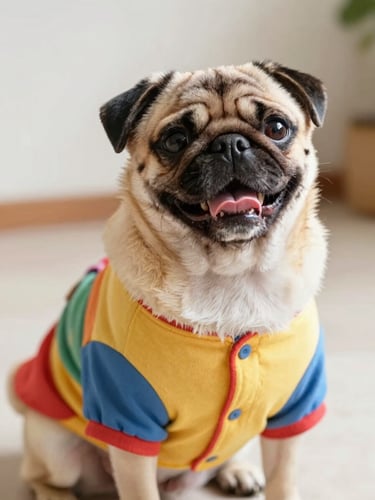 Warm editorial photography of a happy pug wearing a colorful handmade shirt, soft natural daylight, eye-level portrait, shallow depth of field