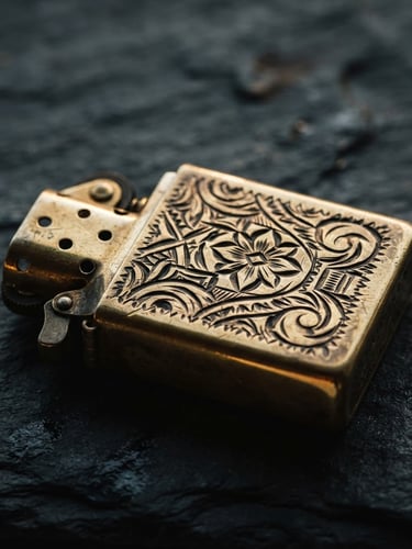 Macro shot of a heavy-gauge solid brass lighter catching high-contrast side-lighting, deep-groove engraving visible, dark slate background