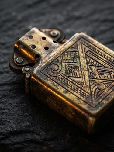 Extreme macro shot of a heavily patinated solid brass lighter with deep-groove engraving, weathered metallic luster, catching dramatic side-light on dark slate.