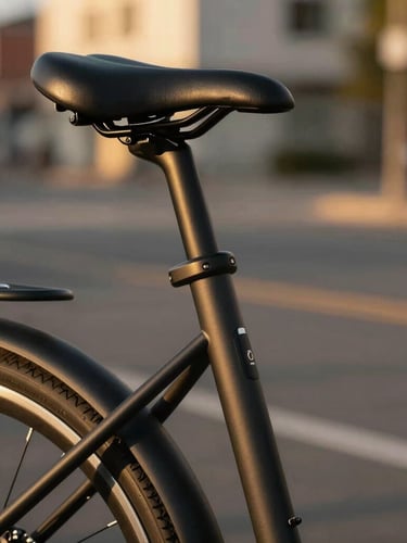 Tight macro shot of an integrated electric bike battery and premium leather saddle, warm golden hour light, rich contrast, shallow depth of field