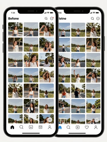 Instagram feed grid screenshot on a smartphone screen showing a before-and-after comparison — left half of screen has an inconsistent chaotic feed, right half has a clean branded grid with consistent color palette and visible engagement numbers, bright neutral daylight, straight-on documentary framing