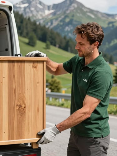 Medium action shot of a professional mover in a dark green polo and protective gloves, carefully securing a wooden cabinet inside a truck, bright natural alpine daylight, sharp focus, 35mm.