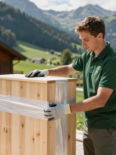 A professional moving helper in a clean dark green polo shirt and protective gloves carefully wrapping a wooden cabinet with premium stretch wrap inside a clean house, bright alpine daylight, 35mm photography.