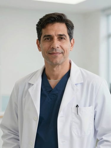 Professional portrait of Dr. Eduardo Cárdenas in sterile clinical attire, bright natural daylight, clean medical environment, sharp focus.