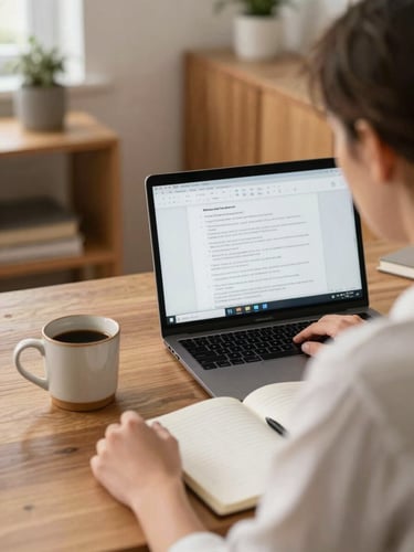 Over-the-shoulder shot of a teacher in a warm, cozy home office with a ceramic coffee mug, notebook, and natural light, reviewing course materials on a clean laptop screen.
