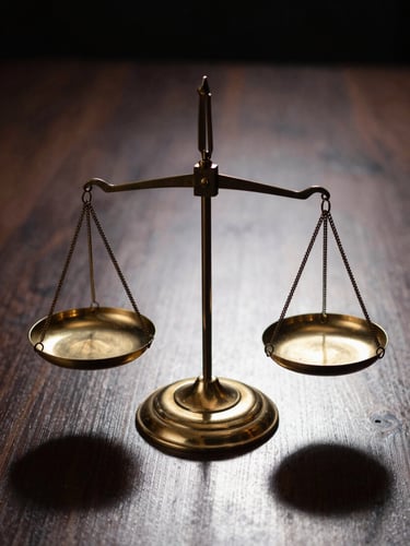 Tight macro shot of a stylized scales of justice in polished brass on a dark wooden desk, dramatic chiaroscuro lighting, deep shadows, sharp focus.