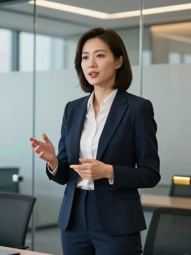 Medium environmental portrait of a confident corporate female executive gesturing during a high-stakes presentation, modern glass boardroom background, sharp studio lighting, cool blue tones with warm golden highlights, 50mm