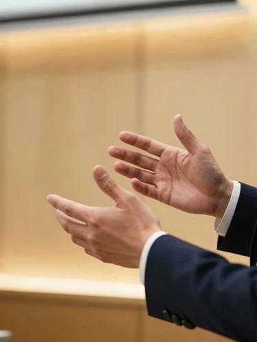 Close-up of hands gesturing during a professional presentation in a sleek corporate environment, warm golden highlights, sharp focus, 50mm