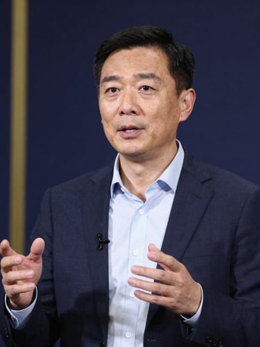 Medium close-up of a confident professional gesturing naturally during an executive presentation, sharp corporate lighting, deep navy background, 50mm