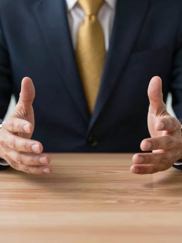 Close-up of hands gesturing with absolute confidence over a clean wooden boardroom table, high-contrast corporate lighting, sharp focus, 50mm