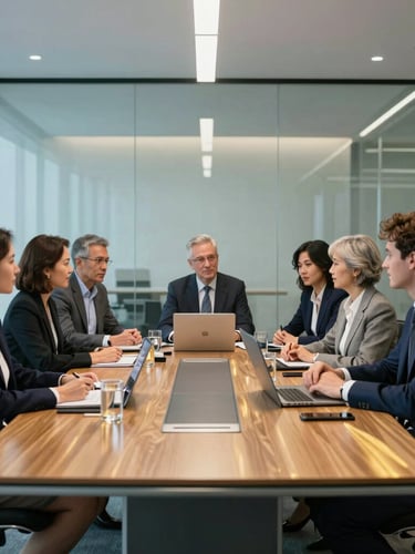 Wide environmental portrait of diverse corporate executives collaborating in a sleek modern glass boardroom, sharp studio lighting, cool blue and warm gold accents