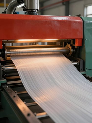 Vertical portrait of a modern plastic extrusion machine operating in a factory workshop, molten material forming clean sheets, warm accent lighting, 35mm lens.