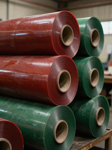 Industrial documentary photography of high-strength plastic rolls stacked in a warm factory workshop, deep crimson and forest green tones, 35mm lens, natural light