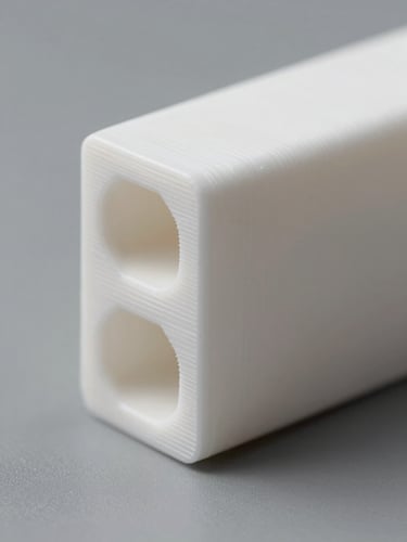Extreme close-up side profile of a white PLA structural bracket, 1–2 cm depth of field on surface, individual layer lines sharp and clearly visible, even north-facing studio light, neutral grey ground, no mood lighting