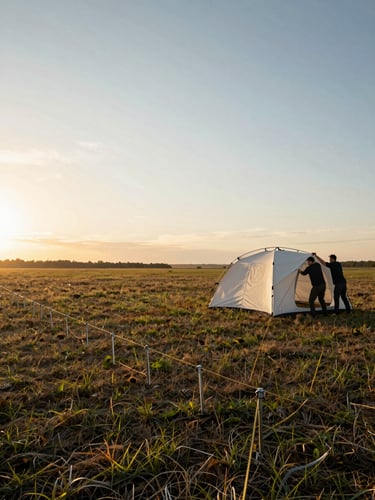 Wide environmental shot looking across an open field, a white frame tent being raised by a two-person crew on the right side of frame, aluminum stakes and guide ropes in the foreground, natural morning light, warm golden-hour sun low on the horizon, generous sky above
