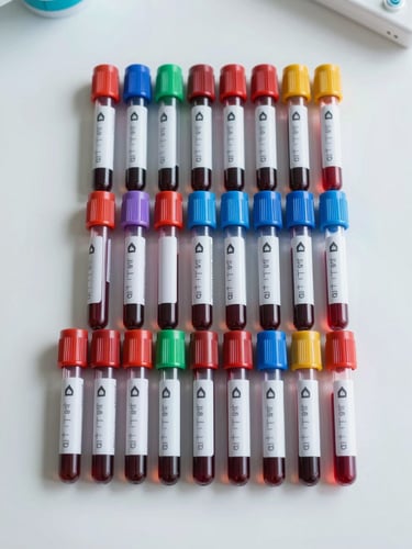 Overhead flat-lay of an array of blood collection tubes in multiple cap colours aligned in precise rows on a white clinical surface, bright daylight-equivalent studio lighting, sharp focus on cap detail and graduation marks, sterile laboratory setting
