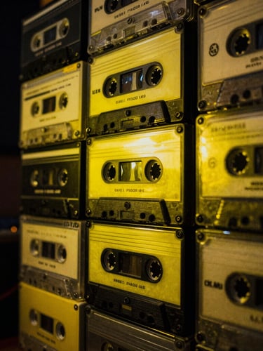 Intimate close-up of a vintage tape recorder and cassette decks stacked in a dimly lit basement studio, moody neon yellow backlight, high contrast, grainy texture.