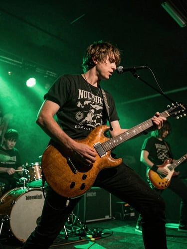 Low-angle gritty concert photography of a punk band performing under high-contrast neon green stage lighting, deep shadows, visible grain, raw editorial style.