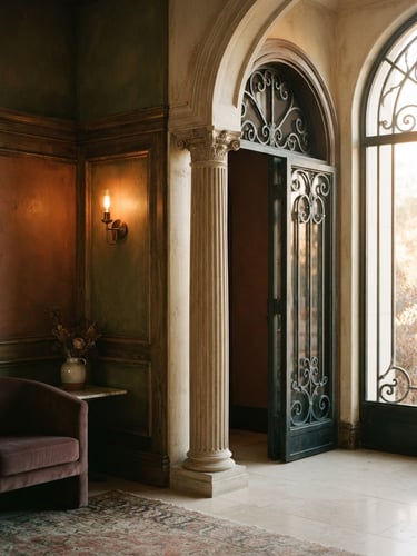 A beautifully lit architectural detail of a luxury hotel lobby, warm golden hour window light, rich muted tones, 35mm film