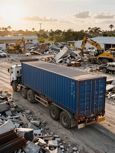 Wide environmental shot from elevated angle — a fully loaded 40-yard roll-off container at an active Miami demolition site, concrete rubble and rebar visible, heavy equipment in background, natural daylight, warm golden haze on the horizon