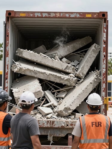 Close-up documentary shot of a demolition crew loading broken concrete slabs and rebar into a roll-off container, backs to camera, natural on-site daylight, debris dust visible mid-air, Miami construction site environment