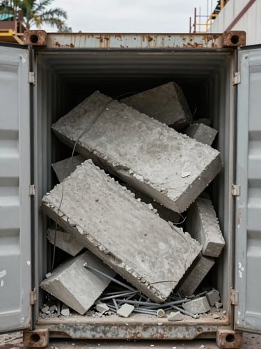 Close-up elevated view looking down into an open 40-yard roll-off container packed with broken concrete slabs and twisted rebar at a Miami construction site, natural daylight, gritty texture visible