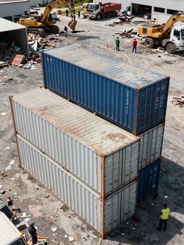 Elevated bird's-eye view of two stacked 40-yard roll-off containers at a Miami warehouse demolition yard, crews working in the background with heavy equipment visible, natural midday light, scale of operation prominent