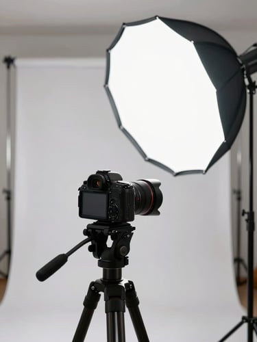 Close-up of a professional photography studio setup — a softbox light illuminating a clean white backdrop, a camera on a tripod in sharp foreground focus, organized and minimal space, bright even daylight mixed with studio strobe, no people visible, emphasis on equipment and professional environment