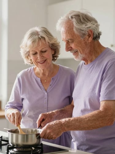 A warm lifestyle portrait of a Caucasian couple in their late 60s cooking together in a sun-drenched kitchen, soft lilac undertones, natural daylight, candid moment.