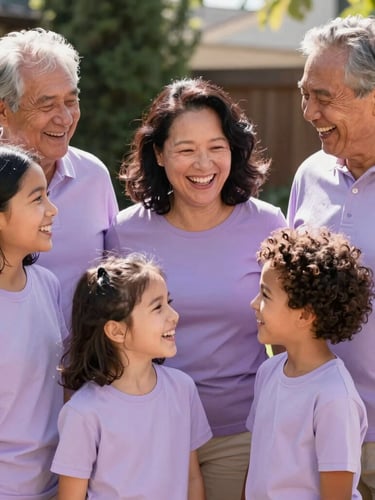 A warm lifestyle portrait of a mixed-race multi-generational family laughing together in a sunlit backyard, soft lilac color cast, candid natural moment, shallow depth of field
