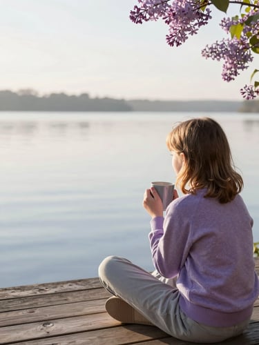 A single person sitting peacefully on a wooden deck at dawn, holding a warm mug, looking out at a calm lake, soft lilac morning light, candid