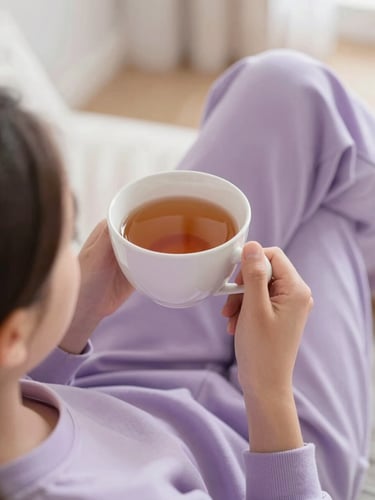 A single person relaxing at home with a warm cup of tea, soft morning daylight, shallow depth of field, lilac undertones