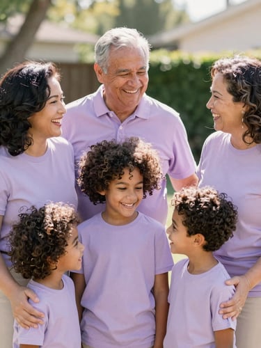 Candid lifestyle portrait of a multi-generational mixed-race family laughing together in a sun-drenched backyard, soft warm daylight, light lilac color cast, shallow depth of field