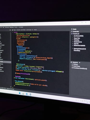 Low-key dramatic studio lighting, close-up of custom code interface on a high-end monitor, subtle purple rim light, dark background.