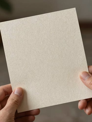 Hands holding a heavy-weight textured paper card with blind debossing, soft diffused side light, emphasizing material honesty.