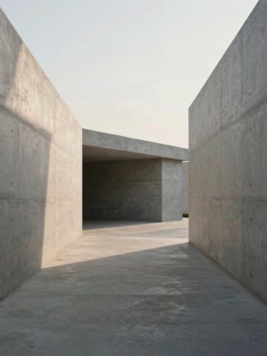 Wide architectural elevation of a concrete pathway leading into a minimalist concrete structure, soft morning shadows, diffused natural light.